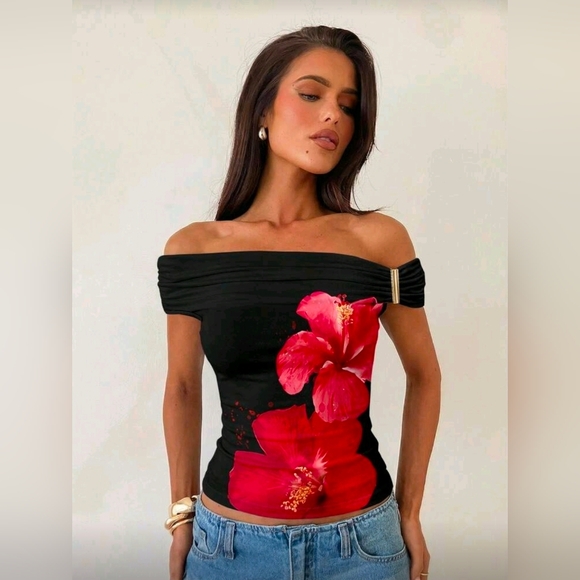 Aloruh Floral Elegant Asymmetric Off-Shoulder Bodycon T-Shirt - Picture 8 of 8